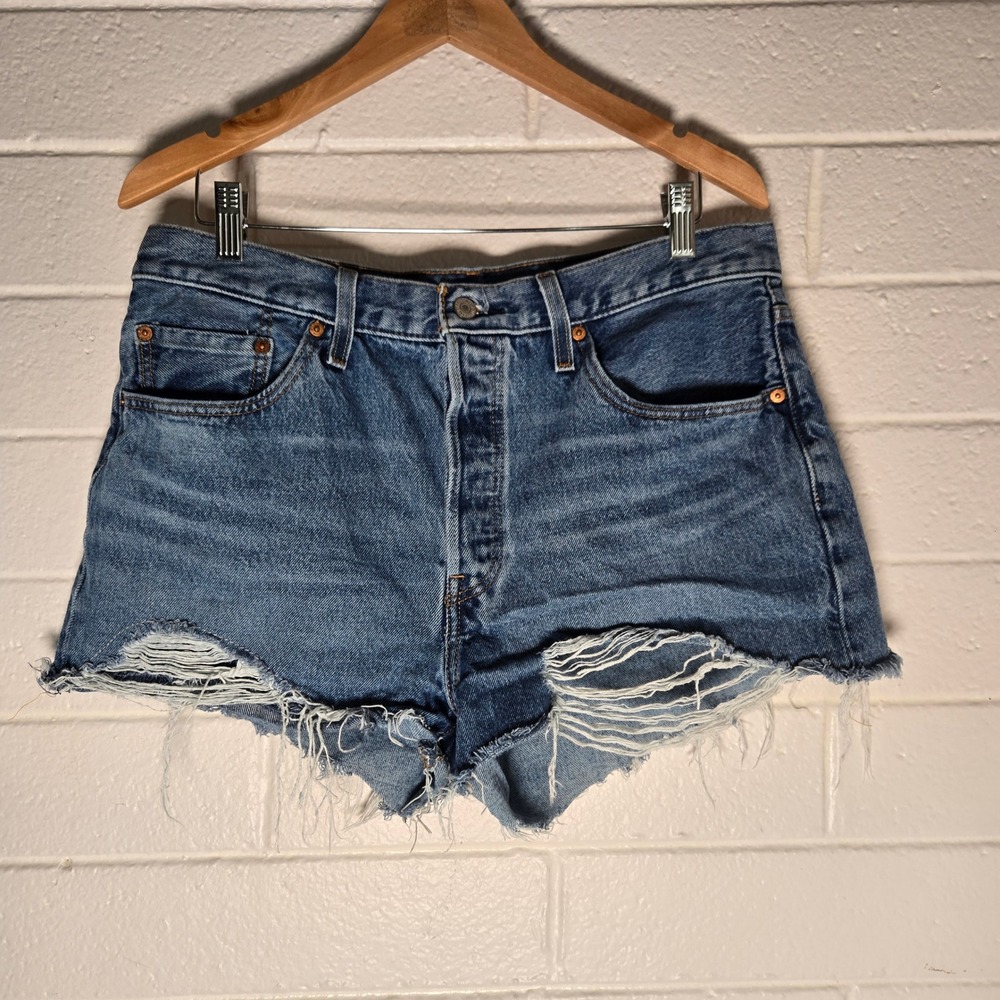 Levi's 501 Original Cut Off Denim Shorts 33 Blue Distressed High Rise Festival